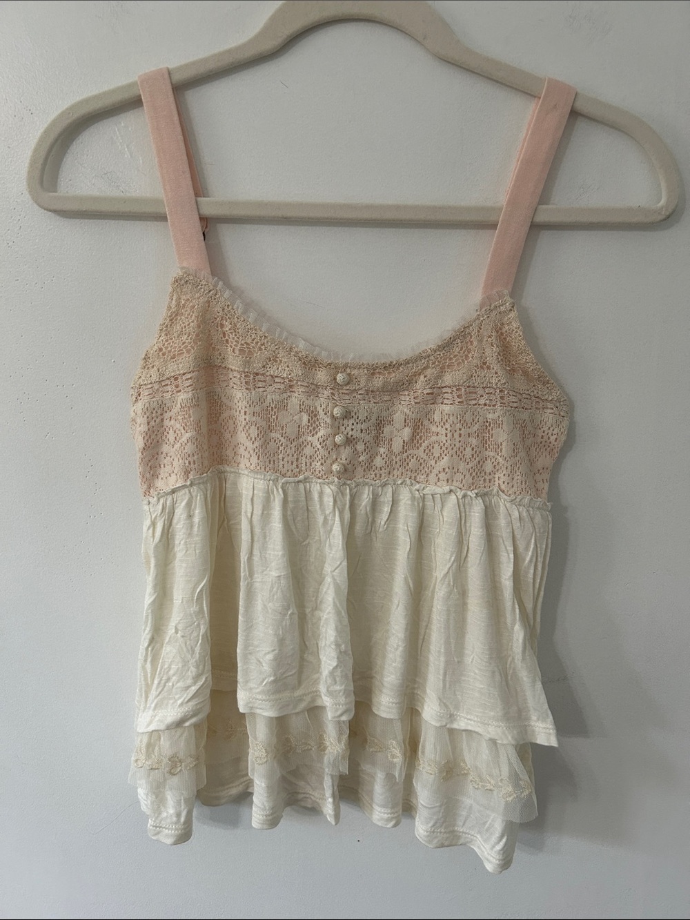 American Eagle Outfitters Y2K Lace-Trim Tiered Camisole XS Cream Babydoll Top